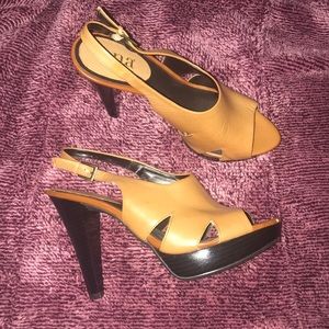 ANA Tan strappy cutout peeptoe heels EUC